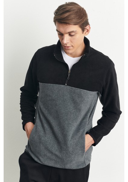 Erkek Siyah-antrasit Standart Fit Normal Kesim Günlük Rahat Çift Renkli Polar Spor Sweatshirt