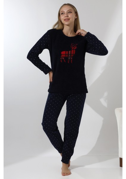Fawn 5016 Peluş Welsoft Polar Kışlık Yumoş Geyikli Kadın Pijama Takımı