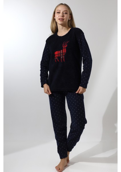 Fawn 5016 Peluş Welsoft Polar Kışlık Yumoş Geyikli Kadın Pijama Takımı
