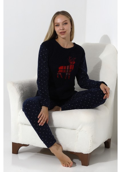 Fawn 5016 Peluş Welsoft Polar Kışlık Yumoş Geyikli Kadın Pijama Takımı