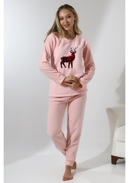 Fawn 5016 Peluş Welsoft Polar Kışlık Yumoş Geyikli Kadın Pijama Takımı