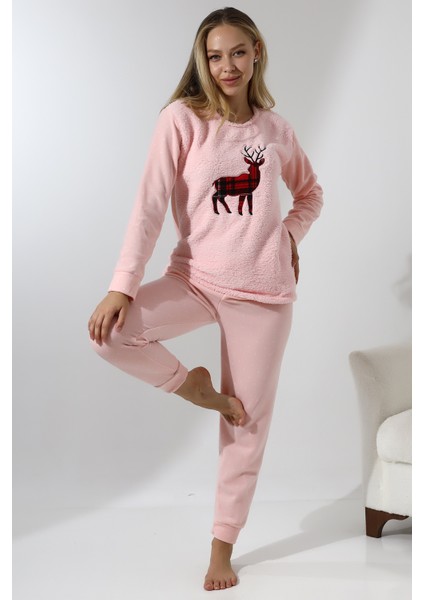 Fawn 5016 Peluş Welsoft Polar Kışlık Yumoş Geyikli Kadın Pijama Takımı modelleri