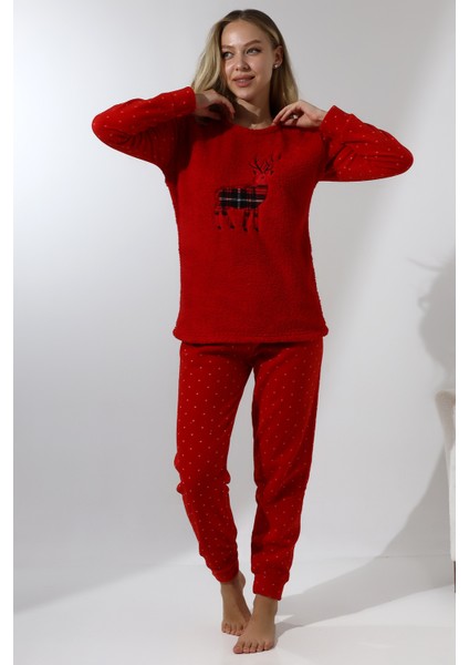 Fawn 5016 Peluş Welsoft Polar Kışlık Yumoş Geyikli Kadın Pijama Takımı