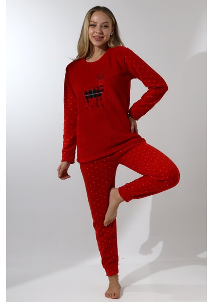 Fawn 5016 Peluş Welsoft Polar Kışlık Yumoş Geyikli Kadın Pijama Takımı