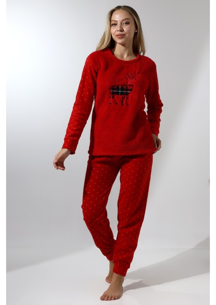 Fawn 5016 Peluş Welsoft Polar Kışlık Yumoş Geyikli Kadın Pijama Takımı