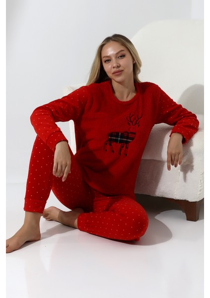 Fawn 5016 Peluş Welsoft Polar Kışlık Yumoş Geyikli Kadın Pijama Takımı