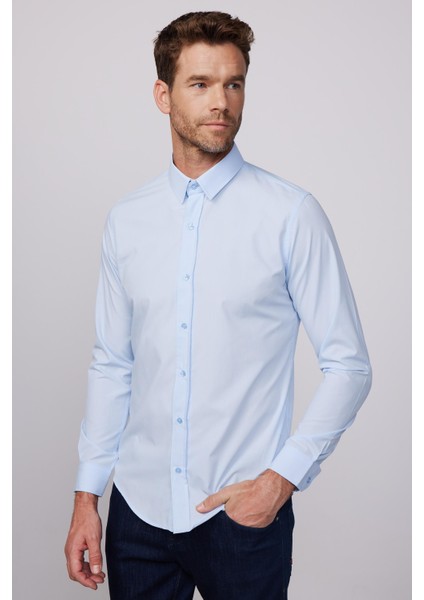 Slim Fit Pamuklu Kolay Ütü Mavi Erkek Gömlek