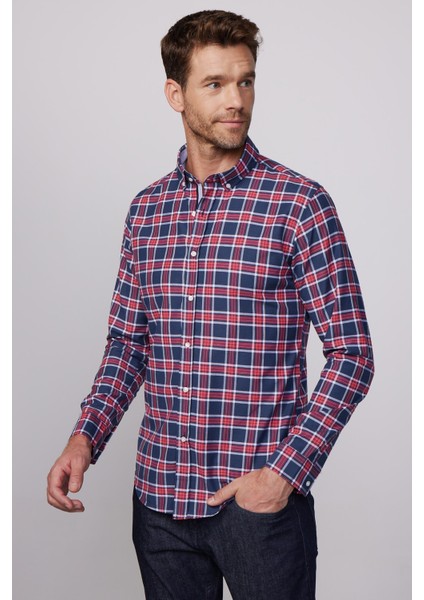 Slim Fit Kareli Pamuklu Kolay Ütü Erkek Gömlek
