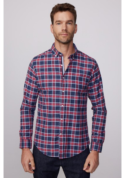 Slim Fit Kareli Pamuklu Kolay Ütü Erkek Gömlek