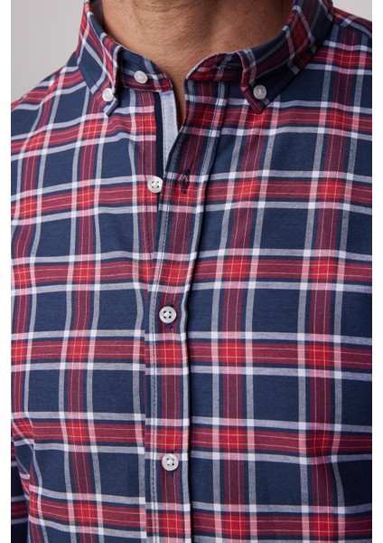 Slim Fit Kareli Pamuklu Kolay Ütü Erkek Gömlek