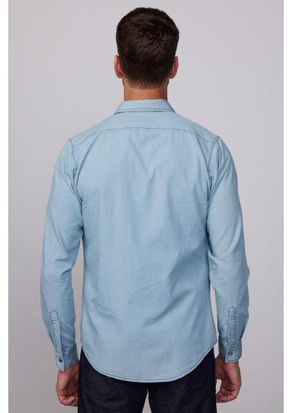 Slim Fit Uzun Kol Çıt Çıtlı Tek Cep Kapaklı Denim Mavi Erkek Gömlek indirimleri