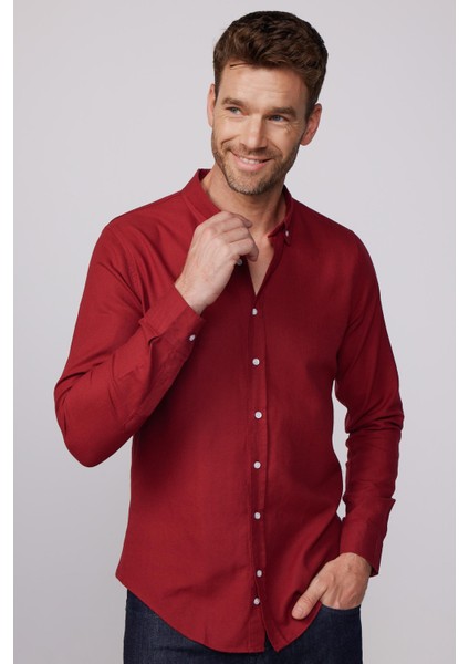 Slim Fit Uzun Kol Biyeli Yaka Düğmeli Keten Bordo Erkek Gömlek