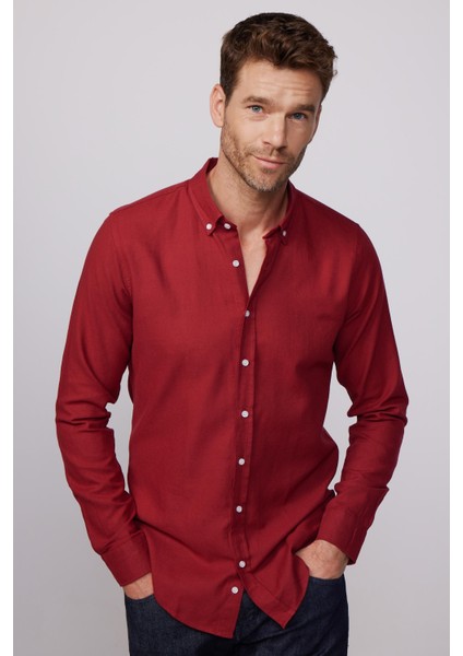 Slim Fit Uzun Kol Biyeli Yaka Düğmeli Keten Bordo Erkek Gömlek modelleri