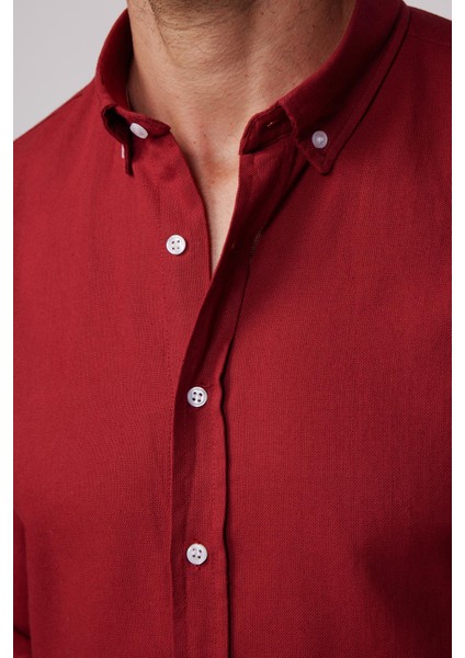 Slim Fit Uzun Kol Biyeli Yaka Düğmeli Keten Bordo Erkek Gömlek fırsatları