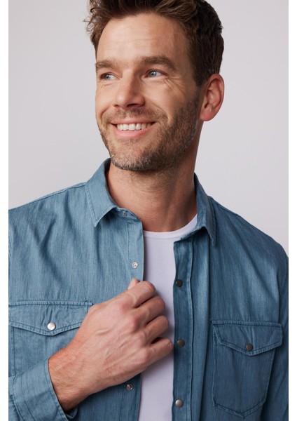 Slim Fit Uzun Kol Çift Cep Çıtçıtlı Denim Petrol Rengi Erkek Gömlek