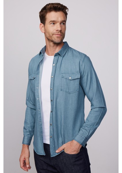 Slim Fit Uzun Kol Çift Cep Çıtçıtlı Denim Petrol Rengi Erkek Gömlek fiyatları
