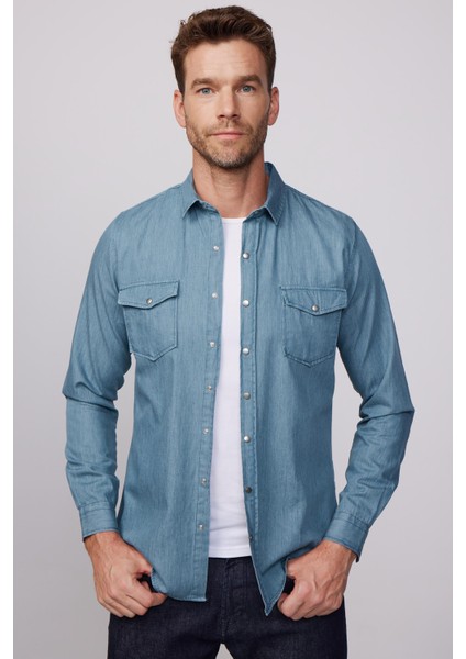 Slim Fit Uzun Kol Çift Cep Çıtçıtlı Denim Petrol Rengi Erkek Gömlek modelleri