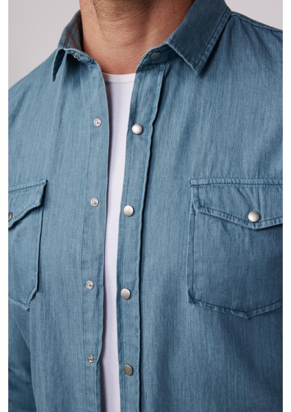Slim Fit Uzun Kol Çift Cep Çıtçıtlı Denim Petrol Rengi Erkek Gömlek fırsatları