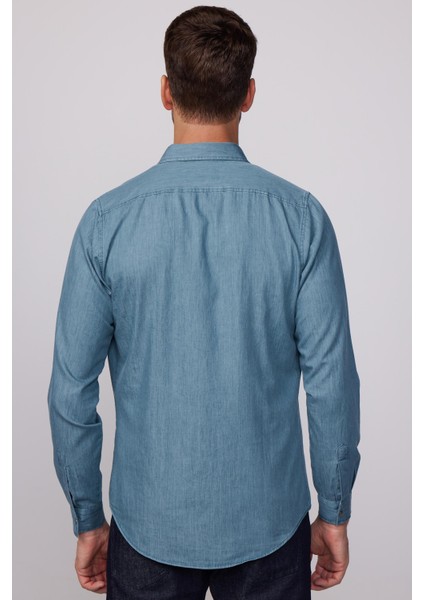 Slim Fit Uzun Kol Çift Cep Çıtçıtlı Denim Petrol Rengi Erkek Gömlek indirimleri