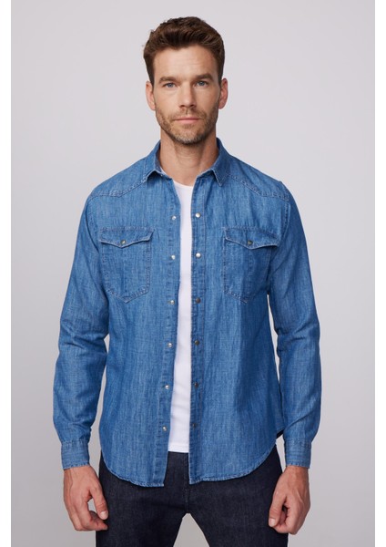 Slim Fit Dar Kesim Çift Cep Kapaklı Pamuklu Denim Lacivert Gömlek fiyatları