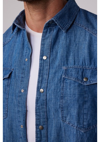 Slim Fit Dar Kesim Çift Cep Kapaklı Pamuklu Denim Lacivert Gömlek fırsatları