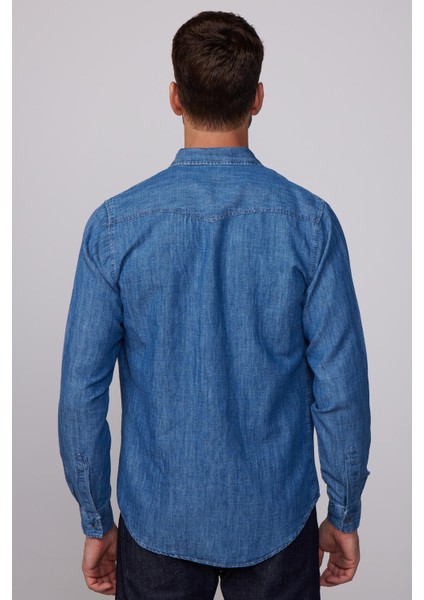 Slim Fit Dar Kesim Çift Cep Kapaklı Pamuklu Denim Lacivert Gömlek indirimleri