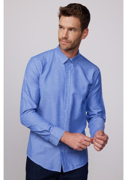 Modern Slim Fit Pamuklu Kolay Ütü Armürlü Indigo Erkek Gömlek