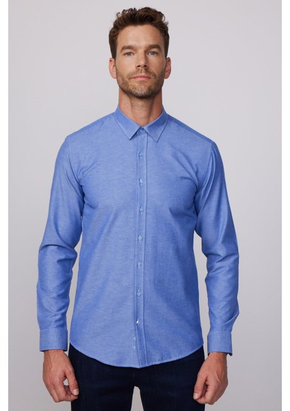 Modern Slim Fit Pamuklu Kolay Ütü Armürlü Indigo Erkek Gömlek fiyatları