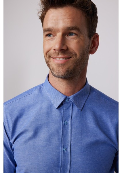 Modern Slim Fit Pamuklu Kolay Ütü Armürlü Indigo Erkek Gömlek modelleri