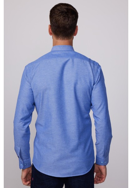 Modern Slim Fit Pamuklu Kolay Ütü Armürlü Indigo Erkek Gömlek indirimleri