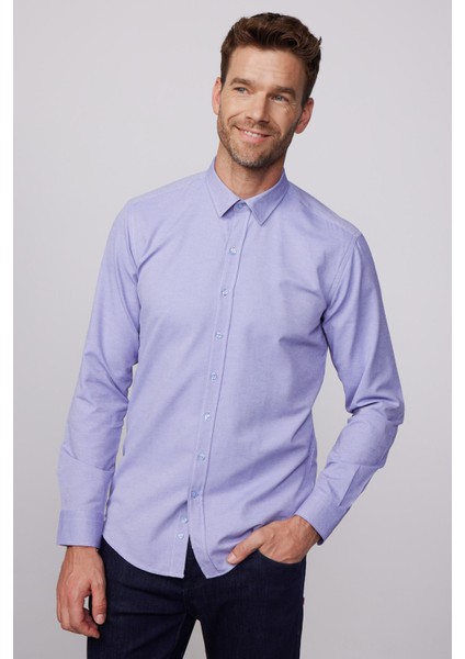 Modern Slim Fit Pamuklu Kolay Ütü Armürlü Mavi Erkek Gömlek