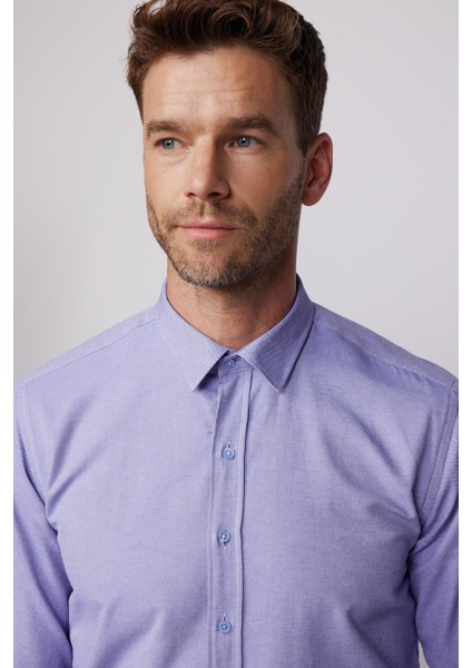 Modern Slim Fit Pamuklu Kolay Ütü Armürlü Mavi Erkek Gömlek modelleri