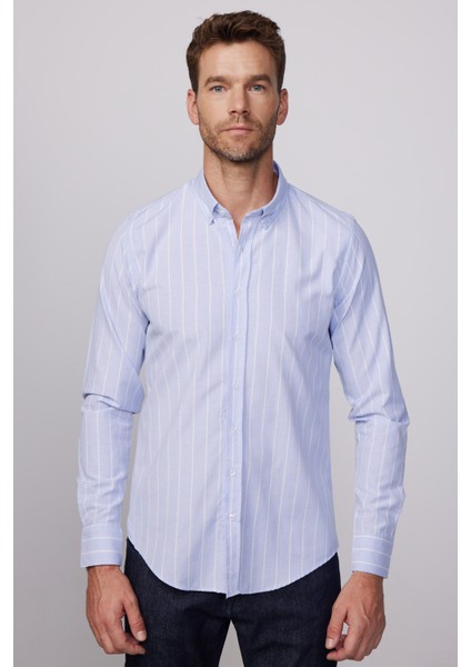 Slim Fit Uzun Kol Çizgili Yaka Düğmeli Erkek Gömlek