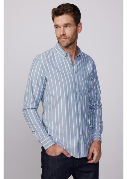 Slim Fit Uzun Kol Çizgili Yaka Düğmeli Erkek Gömlek