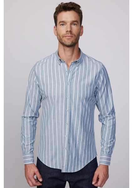 Slim Fit Uzun Kol Çizgili Yaka Düğmeli Erkek Gömlek