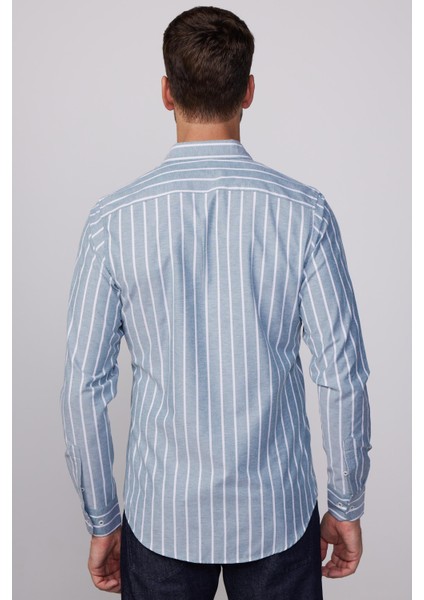 Slim Fit Uzun Kol Çizgili Yaka Düğmeli Erkek Gömlek