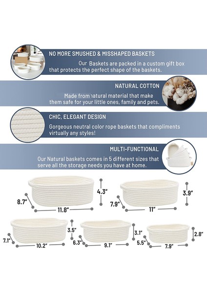5 Parçalı Dikdörtgen Depolama Sepeti Seti Pamuk Halat Dokuma Sepetleri Düzenlemek Için, Bebek Kreş, Köpek Oyuncak Sepetleri Beyaz (Yurt Dışından)
