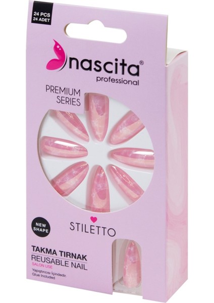 Takma Tırnak Pembe Mermer Stiletto Şekil 24 Adet Profesyonel Kalite
