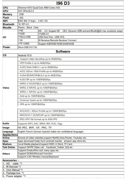 I96 D3 Tv Çubuk Mini Pc 2 GB + 16 GB Allwinner H313 Android 10 Akıllı Tv Kutusu 2.4g 5g Wifi Medya Oynatıcı Set Üstü Kutusu (Ab Tak) (Yurt Dışından) modelleri