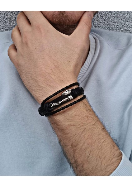 Viking Balta Figürlü Tek Parça 3'ü Bir Arada Siyah El Yapımı Deri Bileklik