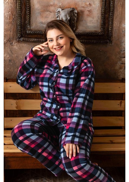 Sonbahar/kış Welsoft Polar Düğmeli Ekose Desenli Kadın Büyük Beden Pijama Takımı P200127