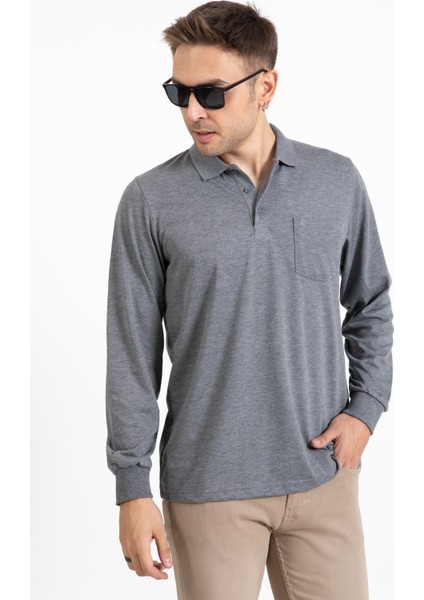 Erkek Orta Yaş ve Üzeri Polo Yaka Cepli Uzun Kollu Mevsimlik Sweatshirt 1103-Gri