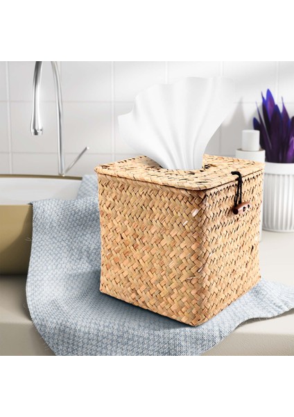2'li Kare Seagrass Kutu Mendil - Dekoratif Dokuma Kağıt Tutucu Peçete Dispenseri - Hasır Mendil Kapağı (Yurt Dışından)