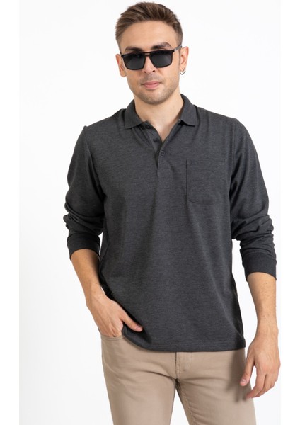 Erkek Orta Yaş ve Üzeri Polo Yaka Cepli Uzun Kollu Mevsimlik Sweatshirt 1103-Füme