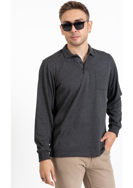 Erkek Orta Yaş ve Üzeri Polo Yaka Cepli Uzun Kollu Mevsimlik Sweatshirt 1103-Füme fiyatları