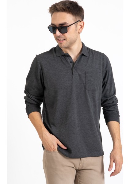Erkek Orta Yaş ve Üzeri Polo Yaka Cepli Uzun Kollu Mevsimlik Sweatshirt 1103-Füme fırsatları