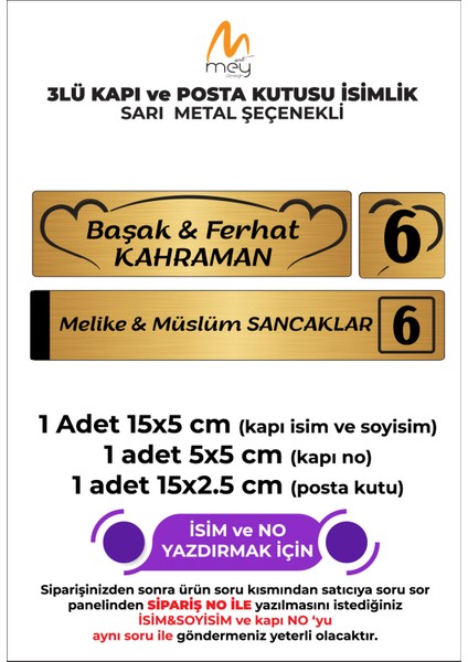Altın Metal Kapı İsimliği Seti 3'lü - Kapı İsimliği, Kapı Numarası, Posta Kutusu İsimliği