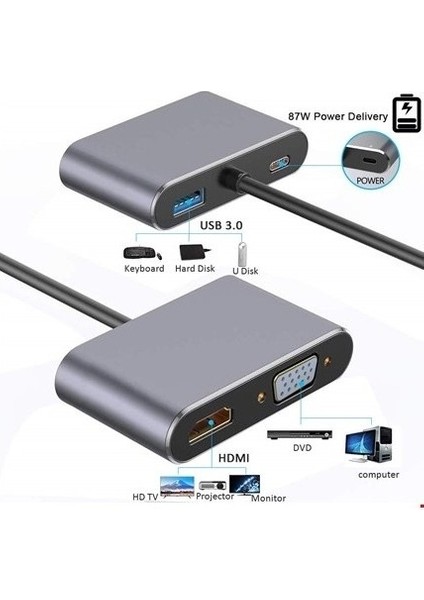 Ultratekno CF02 Macbook Uyumlu Type-C™ To 4K Ultra Hd 1080P Hdmı/ Vga/ Pd Şarj/ USB 3.0 4ın1 Çevirici Hub Adaptör