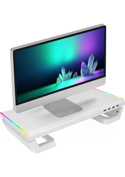 St1 4 USB Hub Rgb Işıklı Katlanabilir Yükseklik Ayarlı Beyaz Monitör Yükseltici Laptop Standı