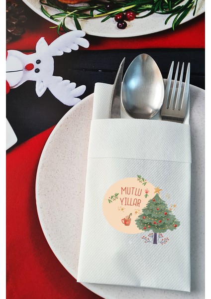 Kumaş Dokulu Mutlu Yıllar Yazılı Yılbaşı Sofrası - Yeni Yıl Peçetesi